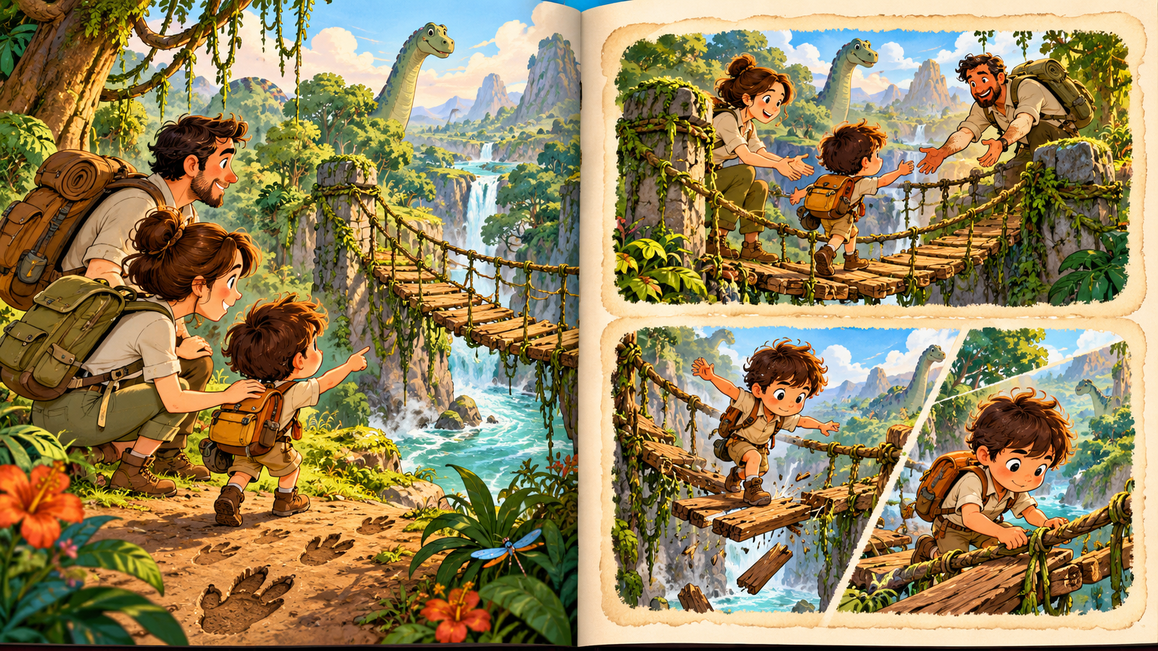 Generic illustrated storybook spread showing a child and two grown-ups choosing how to cross a jungle bridge.